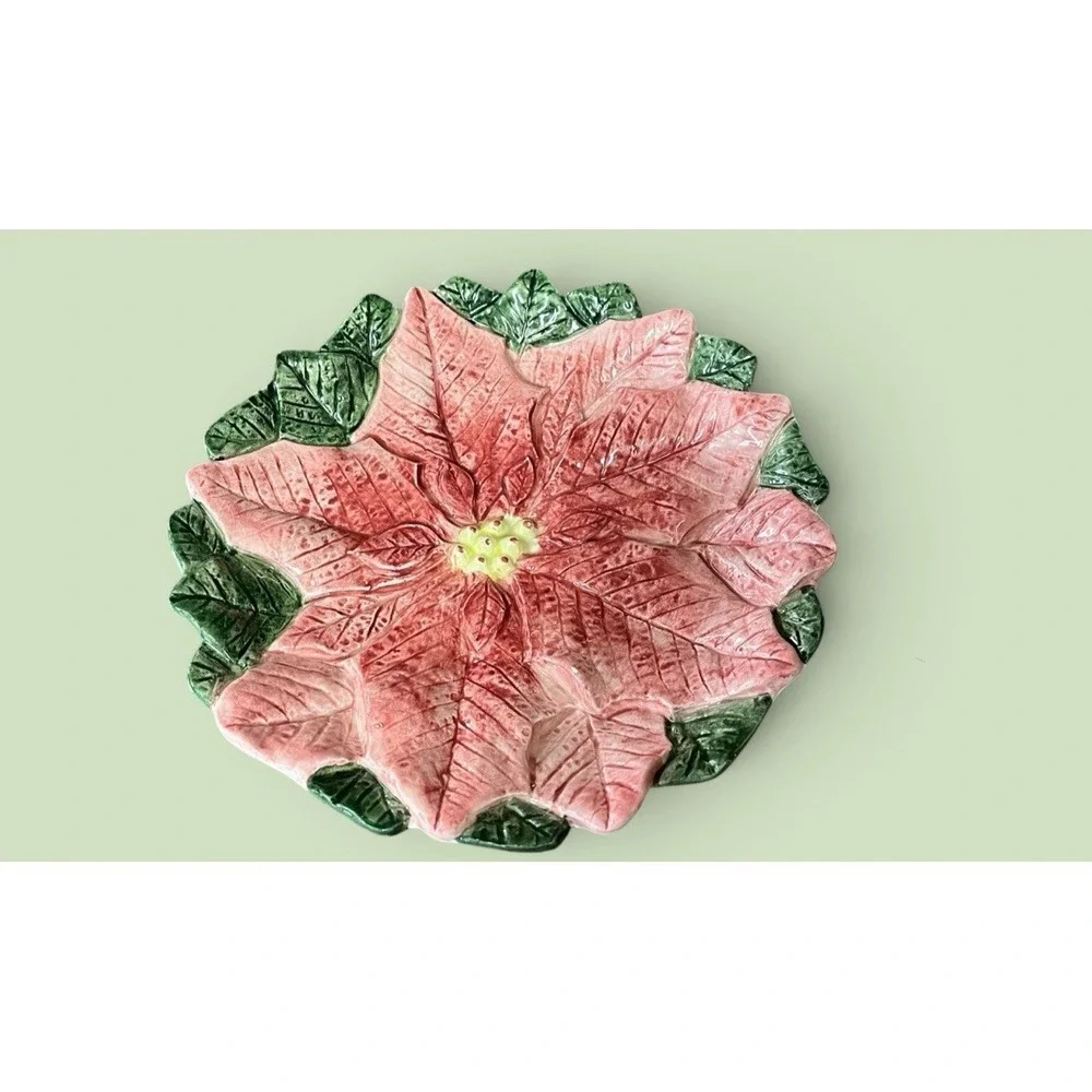 2 Fitz & Floyd Omnibus Poinsettia Christmas Dessert Snack Canape Plates Vintage